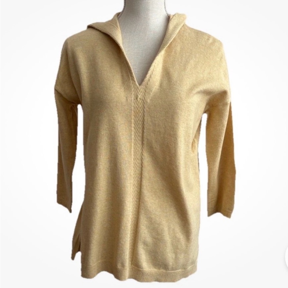 J. Jill Pure Jill Women's V-Neck Hooded Yellow Sweater 3/4 Sleeve Size S